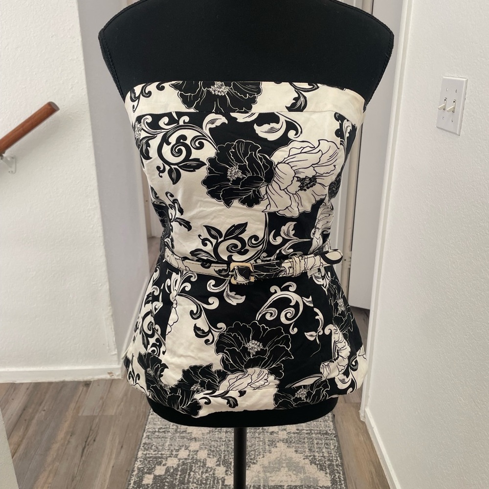 White House Black Market Strapless Top Black and White Floral